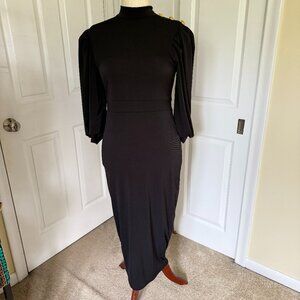 Black high neck,mid sleeve, midi dress w/gold button accents on one shoulder